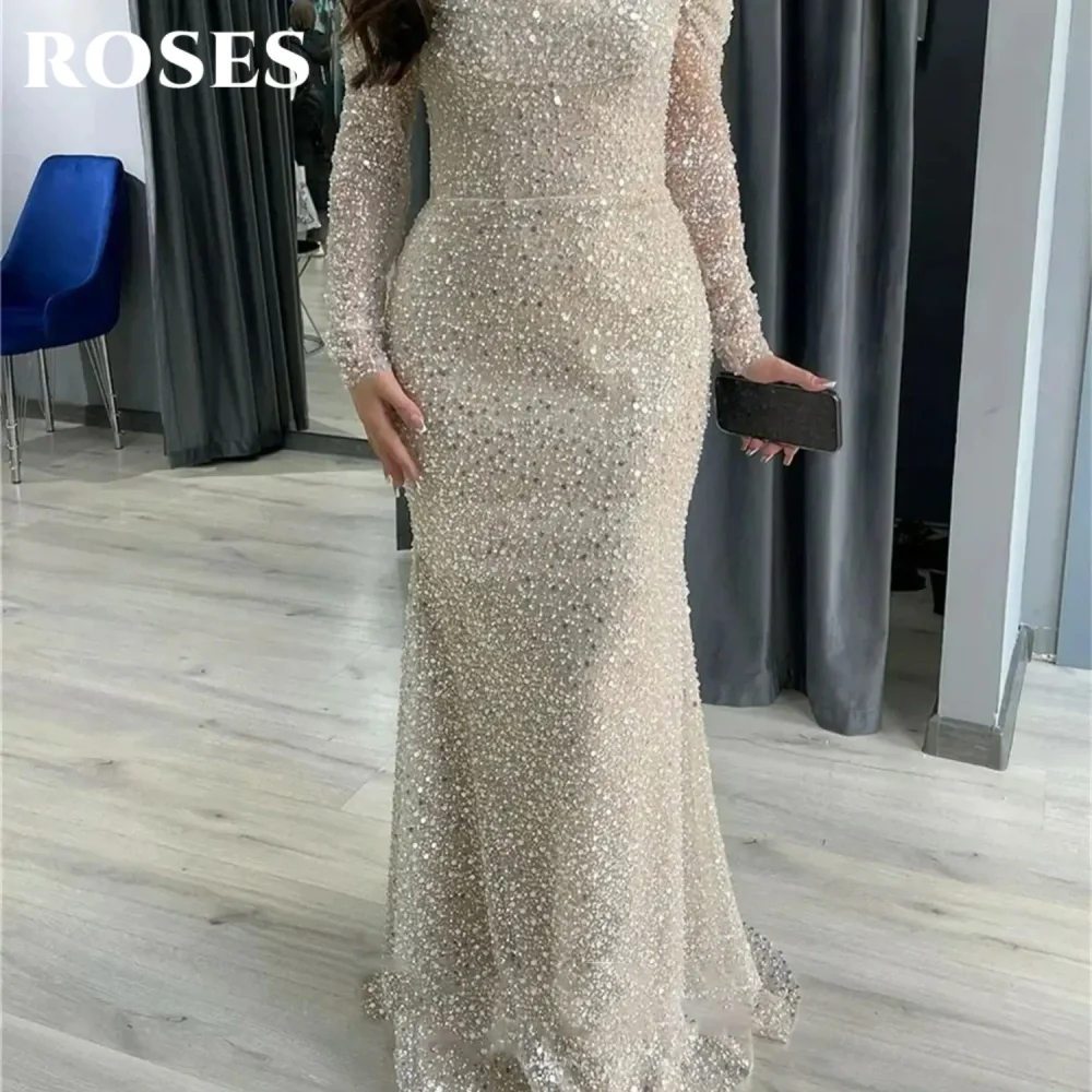 ROSES Ivory Off Shoulder Prom Dress Sequin Shiny Gorgeous Party Dresses Sheath Long Sleeves Popular Mermaid Wedding Dress 프롬 드레스