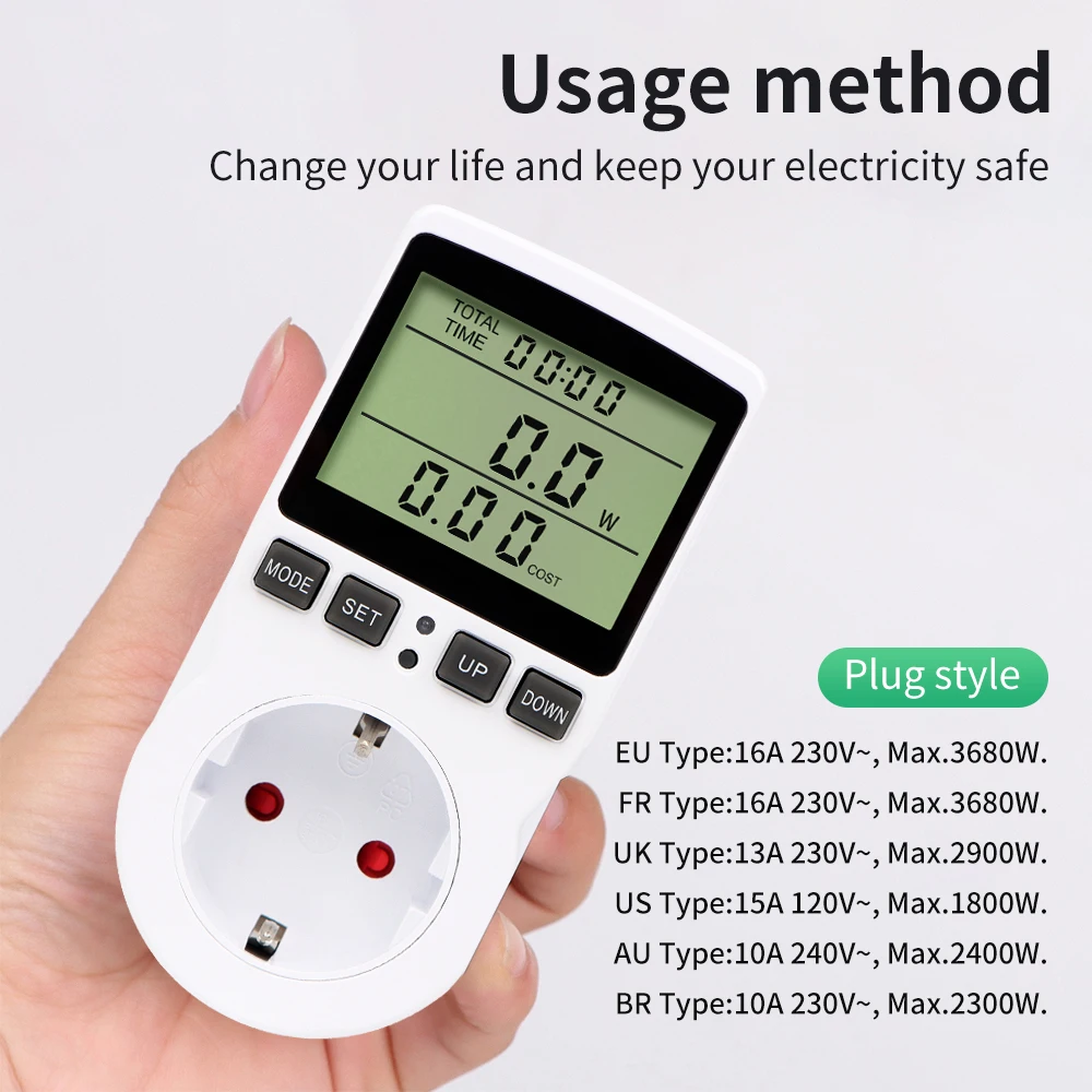 Digitaler LCD-Leistungsmesser, Wattmeter, Steckdose, Leistung, Kwh, Energieverbrauch, Messung, Steckdose, EU/US-Stecker, Überlastschutz, 230/120 V – Detail 5