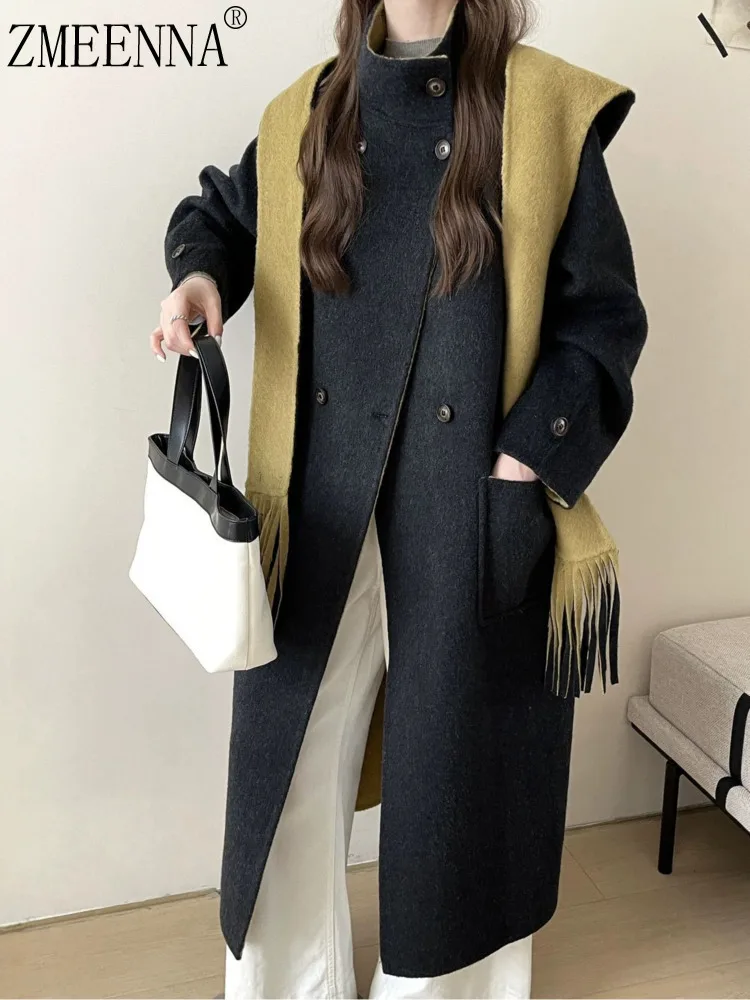 

ZMEENNA Women's Elegant Black Wool Blend Coat Detachable Scarf High Collar Double Breasted Long Winter Outerwear ZM4232
