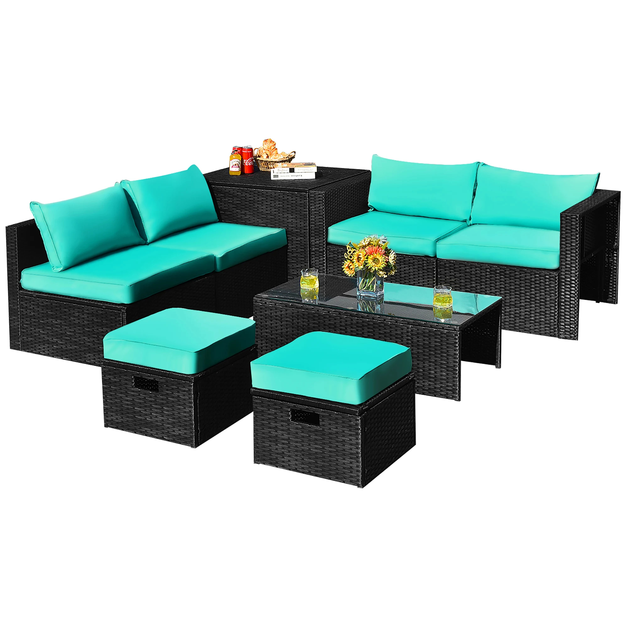 8PCS Patio Rattan Furniture Set Storage Table Ottoman Turquoise cover