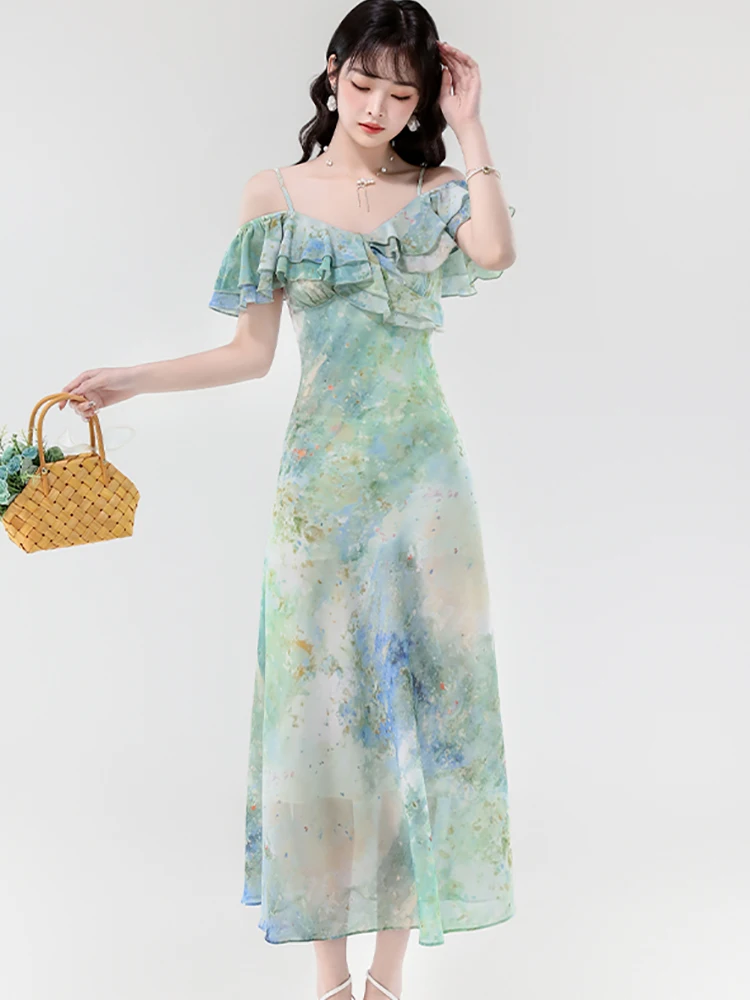 الصيف Bech نمط الأخضر الأزهار شيك تكدرت مثير حبال فستان طويل المرأة أنيقة قطعة واحدة فستان 2025 الكورية Bodycon فستان الحفلات #2