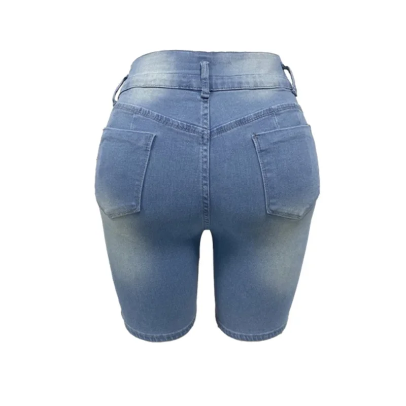 Fashion Slim Sexy Hip Lift Denim Shorts Women Three Buttons Splice High Waist Three Quarter Pants Female Broken Holes Mini Jeans