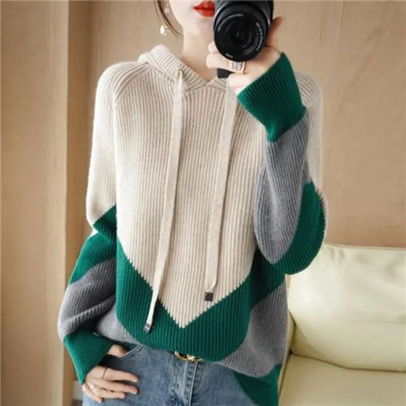 Fashion Geometric Spliced Streetwear Hooded Sweaters Autumn Winter Drawstring Commute Korean Contrasting Colors Knitted Jumpers