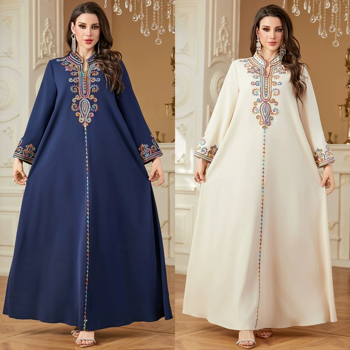

Women Casual Loose Long Sleeve Embroidery Muslims Maxi Dress Loose Abayas Kaftan Ramadans Robes Moroccan Gowns Jalabiya