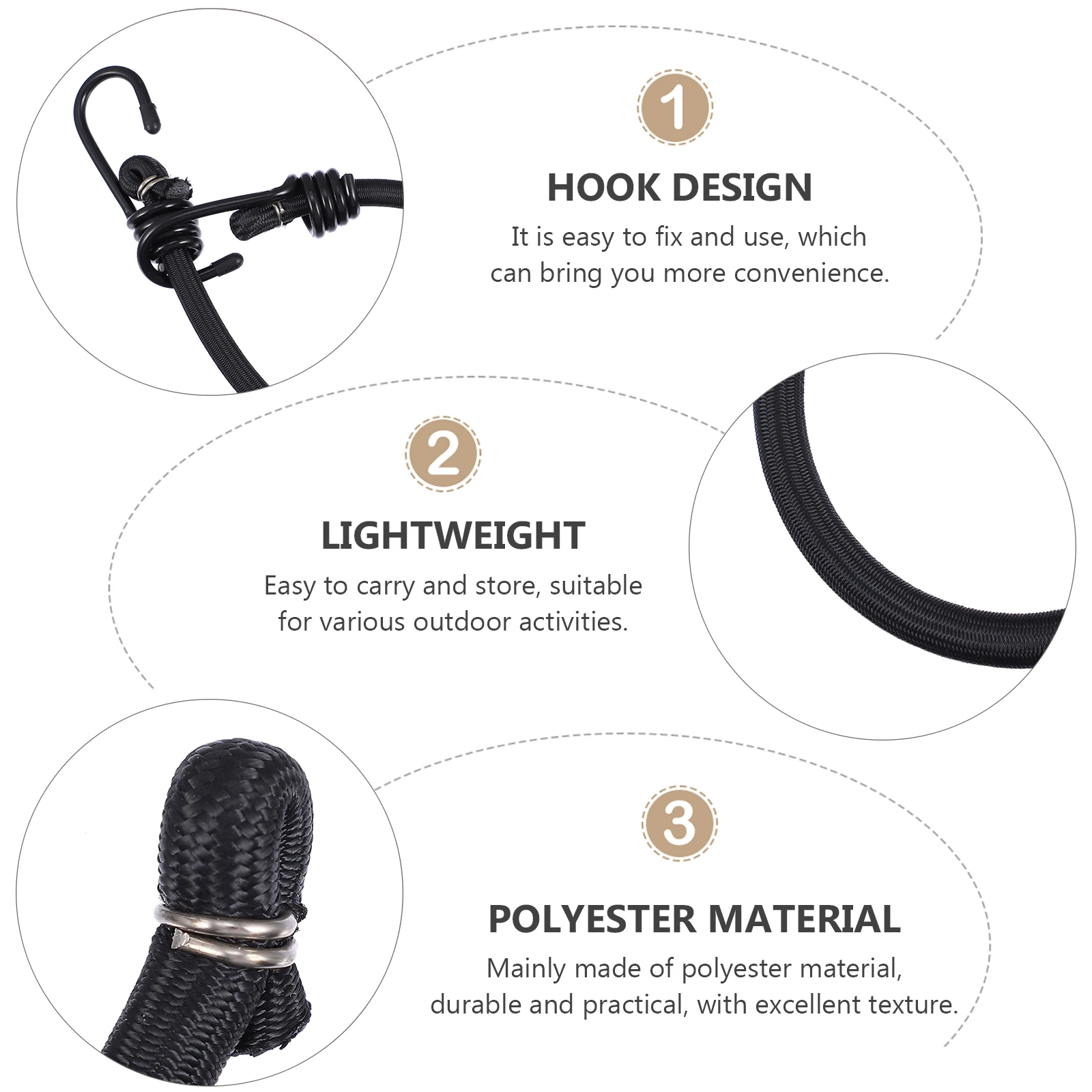 

2pcs Elastic Bungee Cords with Hooks Heavy Duty Tent Fixing Outdoor Binding Belt Lightweight Durable Polyester