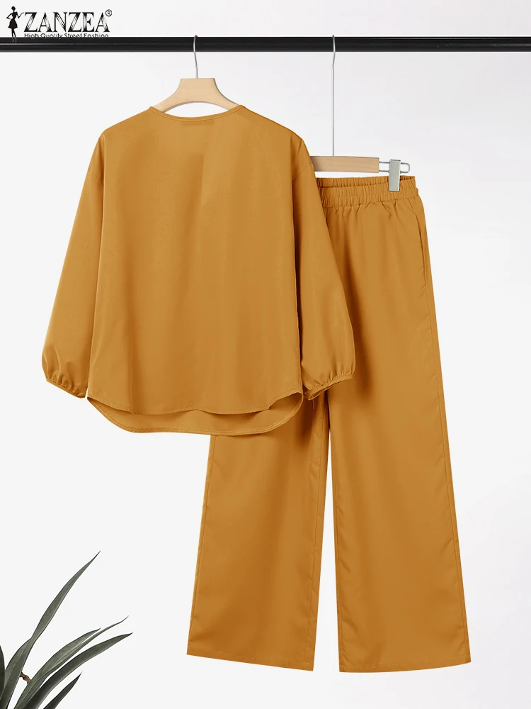 ZANZEA المرأة التنقل 2 قطعة مجموعات الطباعة 3/4 كم البلوزات 2025 موضة عادية بنطال ذو قصة أرجل واسعة 2 قطعة وتتسابق بانت مجموعات #2