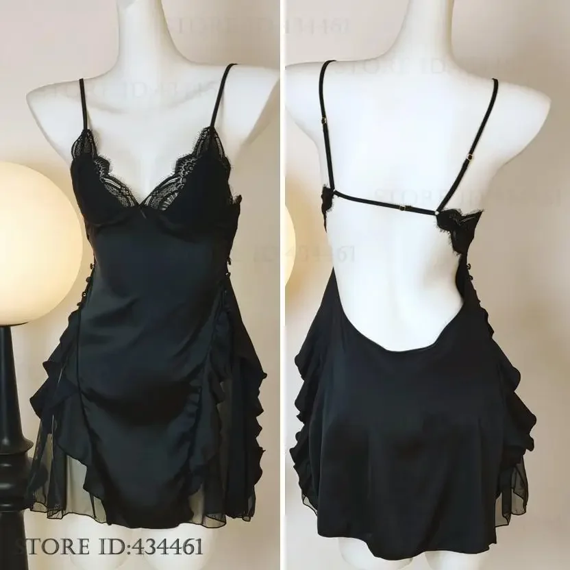 

Сексуальная пижама Mujer, интимное белье, ночная рубашка, лоскутное кружево, ночная рубашка с открытой спиной и листьями лотоса, нижнее белье, шелковистая атласная домашняя одежда