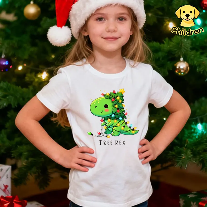 

Christmas Dinosaur Light Children T-Shirt Christmas Party Shirt Cotton Children's Clothing Tree Rex Shirt Santa Dinosaur Tops
