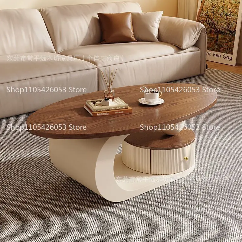 Medieval light luxury walnut coffee table living room household oval tea table simple modern combination small coffee table new view 3
