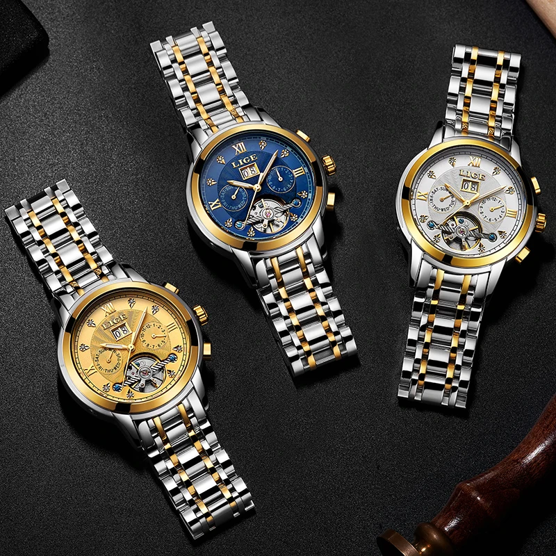 LIGE Fashoin Luxury Mechanical Man Watch Business Stainless Band Automatic Tourbillon Watches Waterproof Date Clock Wristwatches