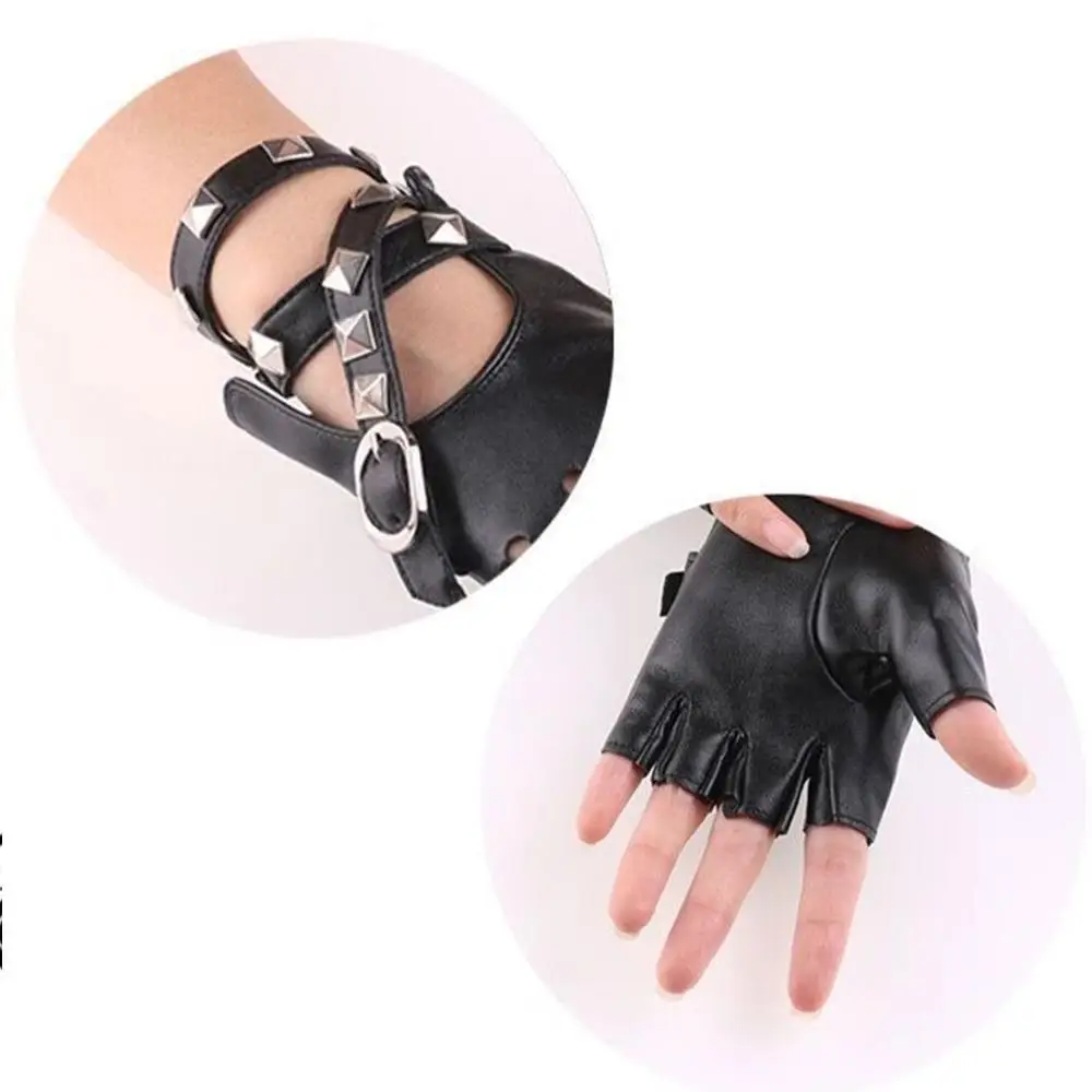 Unisex Fingerless Halloween PU Leather Gloves Motor Cool Rivet Sexy Disco Dancing Rock and Roll Black Red White Punk Gloves