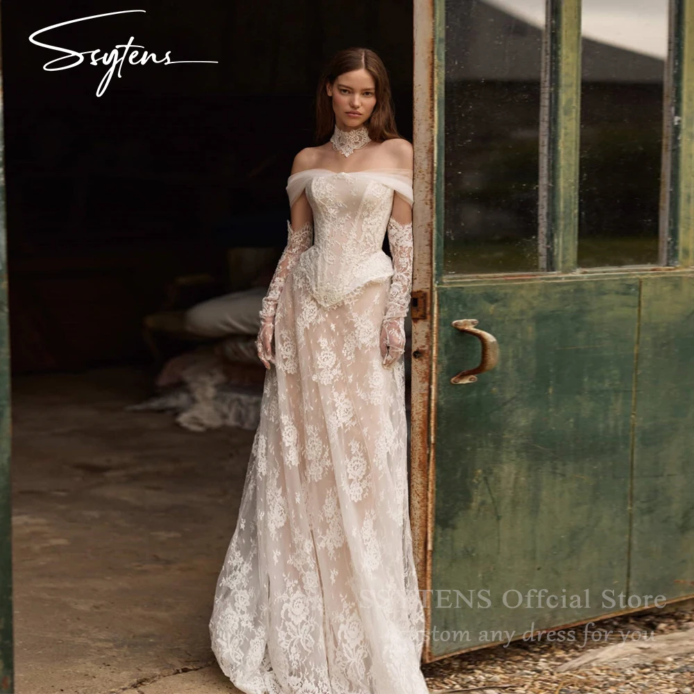 

SSYTENS Customized White Off the Shoulder Wedding Dress Long A-Line Lace Wedding Gown Elegant Floor-Length Princess Bridal Dress