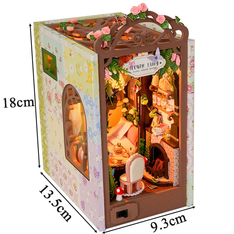 Kit de inserción de estante de rincón de libros de madera DIY, sujetalibros de Hada de las flores, Kits de modelos en miniatura con luz, regalos de cumpleaños para amigos