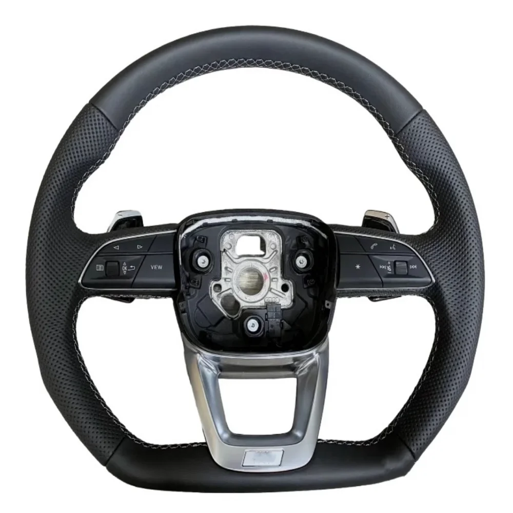 For Audi Q5 FY White Stitching Perforated Leather Flat Bottomed Steering Wheel With Paddles Buttons Key Frame Assembly