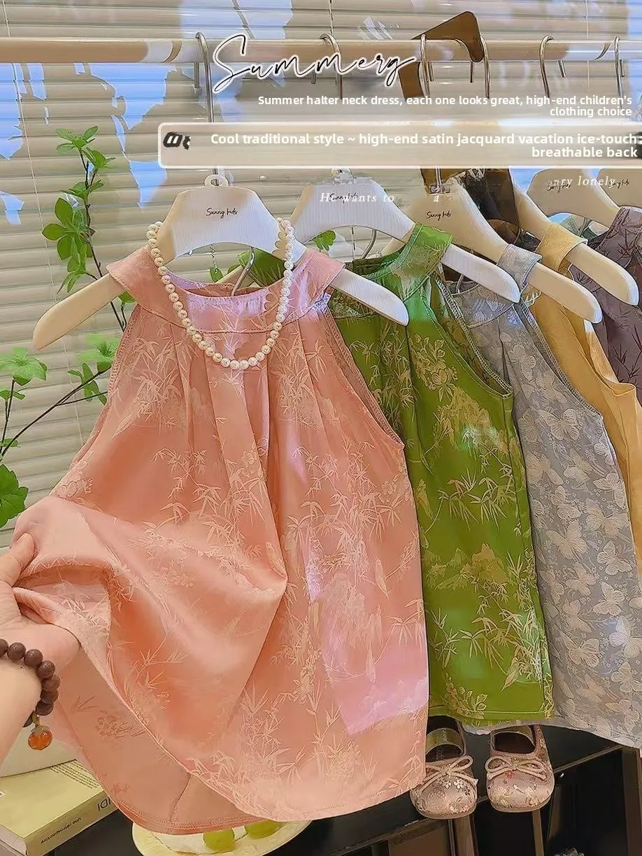 Vestido Casual Confortável para Meninas, Novo Estilo de Verão, Estilo Chinês, Saia com Estampa Multicolorida para Crianças