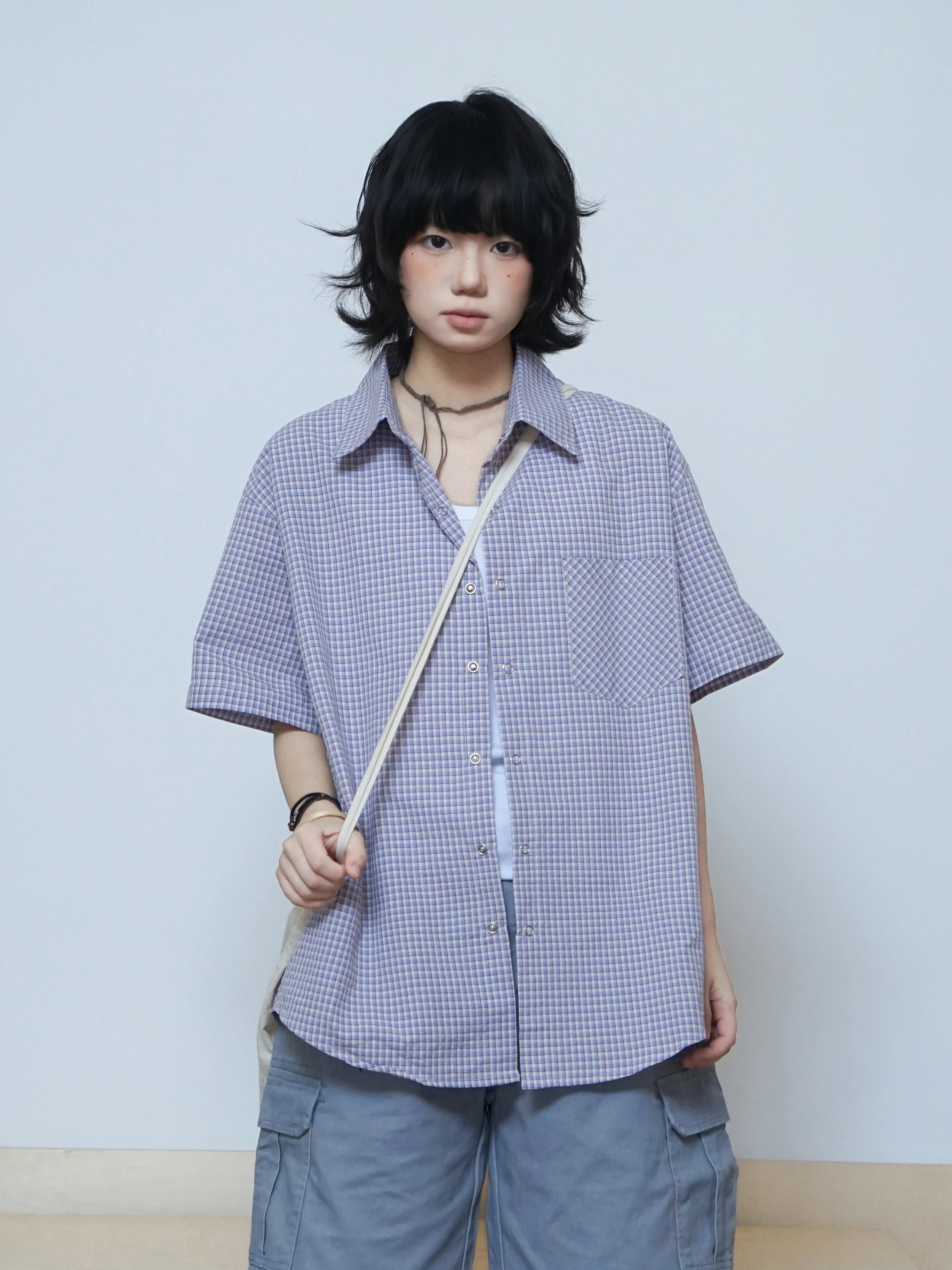 

Classic American Retro Plaid Loose Casual Button up Short Sleeve Shirt Bowls Studs Lazy Style Cotton Breathable Summer Shirt