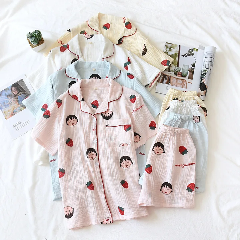

Summer New Women's Sleepwear Short Sleeve Shorts Pure Cotton Gauze Thin Cardigan Cartoon Student Home Clothes Casual Set