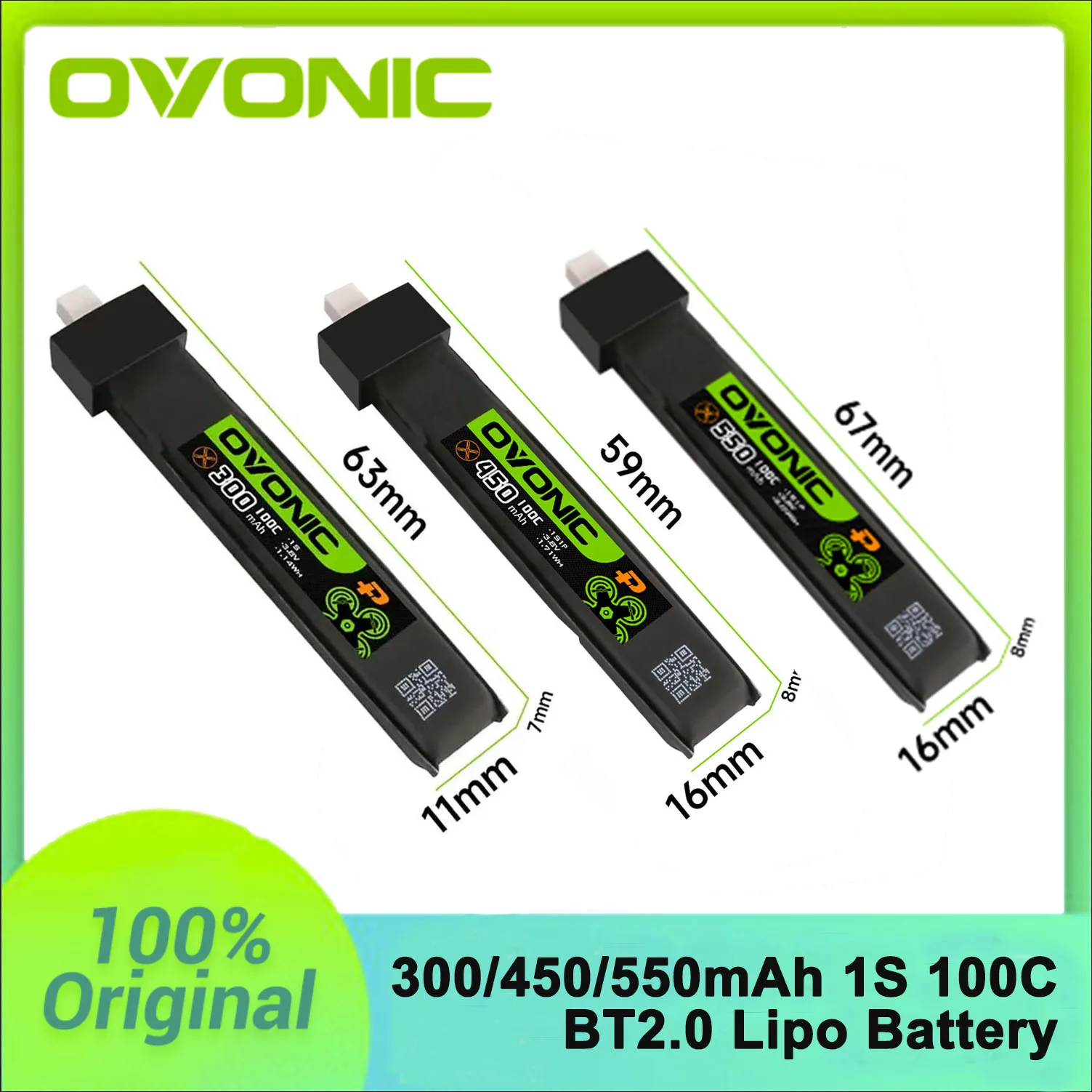 Image of OVONIC 1S 2S 100C 300mah /450mAh /550mAh /650mAh BT2.0/PH2.0/XT30 Lipo-batterie FPV Batterie für 1S Tinywhoop RC FPV Racing Drone