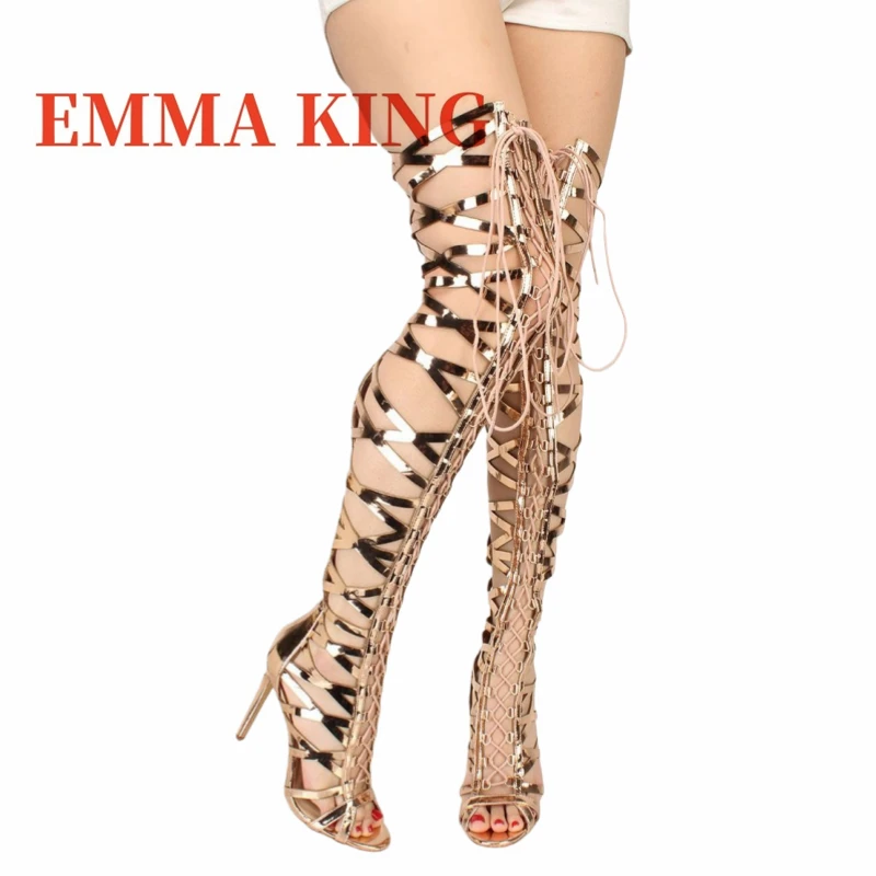 2025 عبر تعادل فوق الركبة صنادل طراز جلاديتور طويلة للنساء أحذية الصيف المفتوحة تو انقطاع مثير عالية الكعب أحذية صناديل للنساء