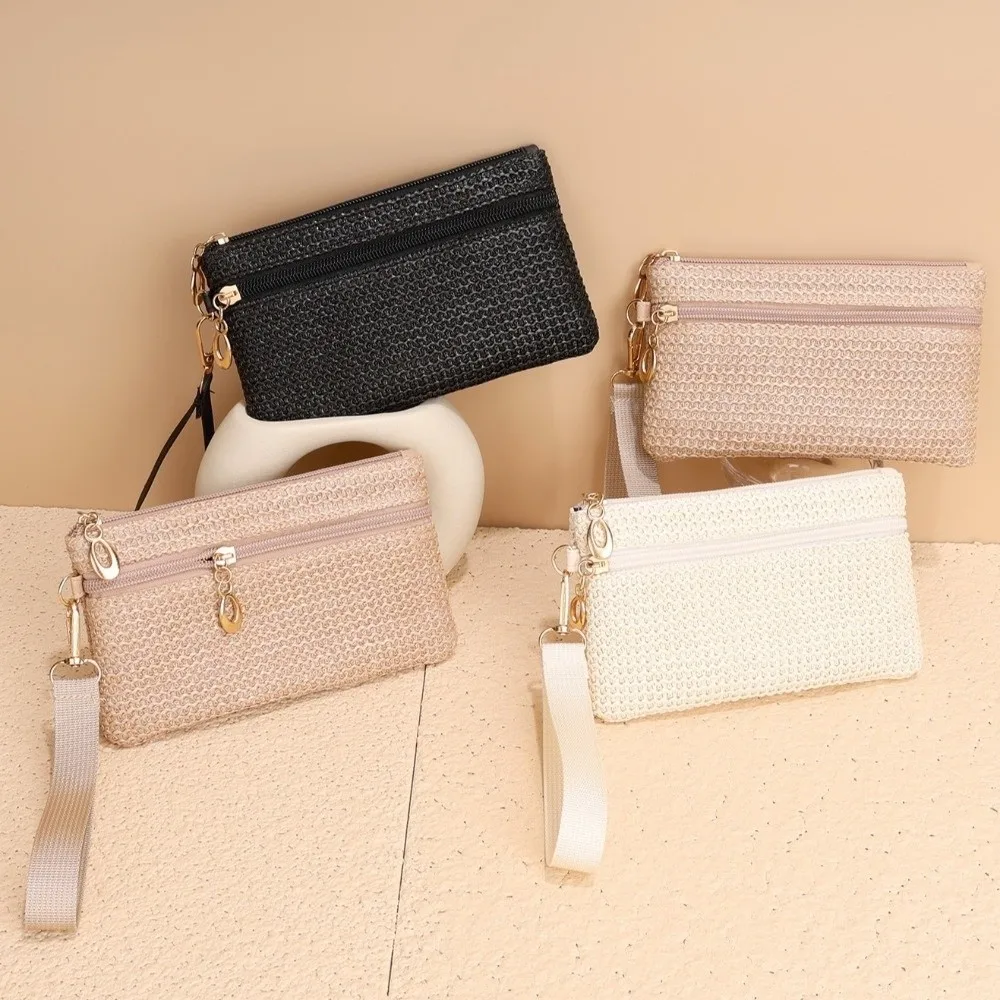 

Fashion Double Zipper Straw Wallet Durable Straw Handmade Mini Wallet Zipper Closure Woven Texture Card Holder For Lady