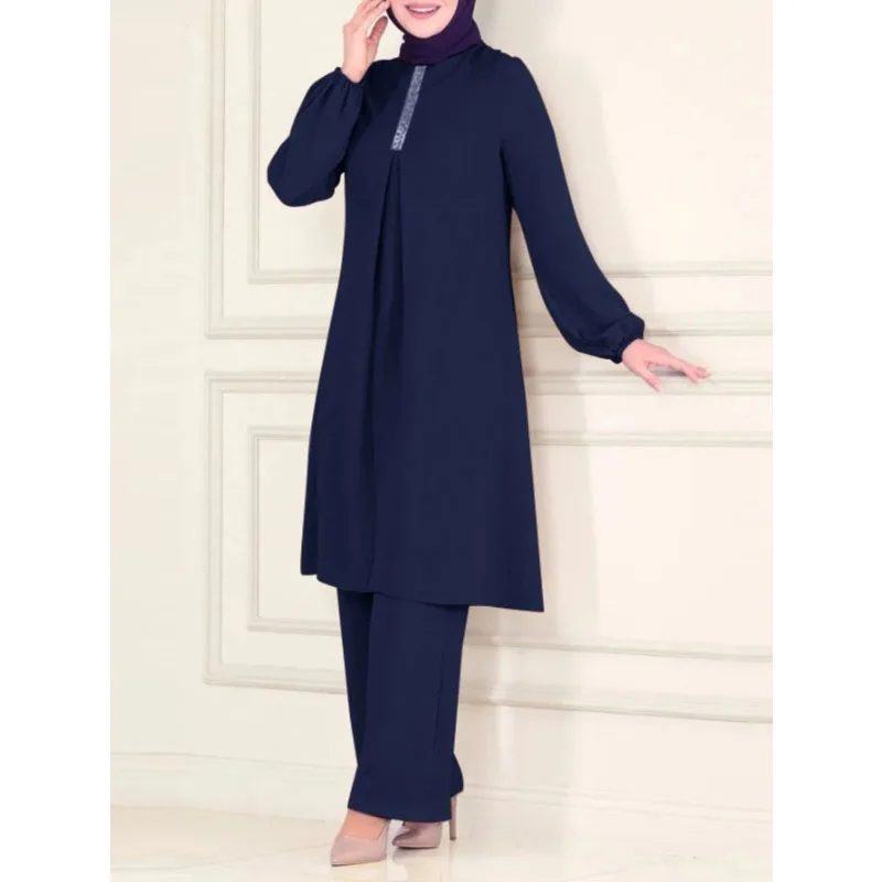 Spring Autumn New Style Solid Color Women's Fashion Casual Muslim Plain Round Neck Shirt Top With Long Pants Loose Two-Piece Set