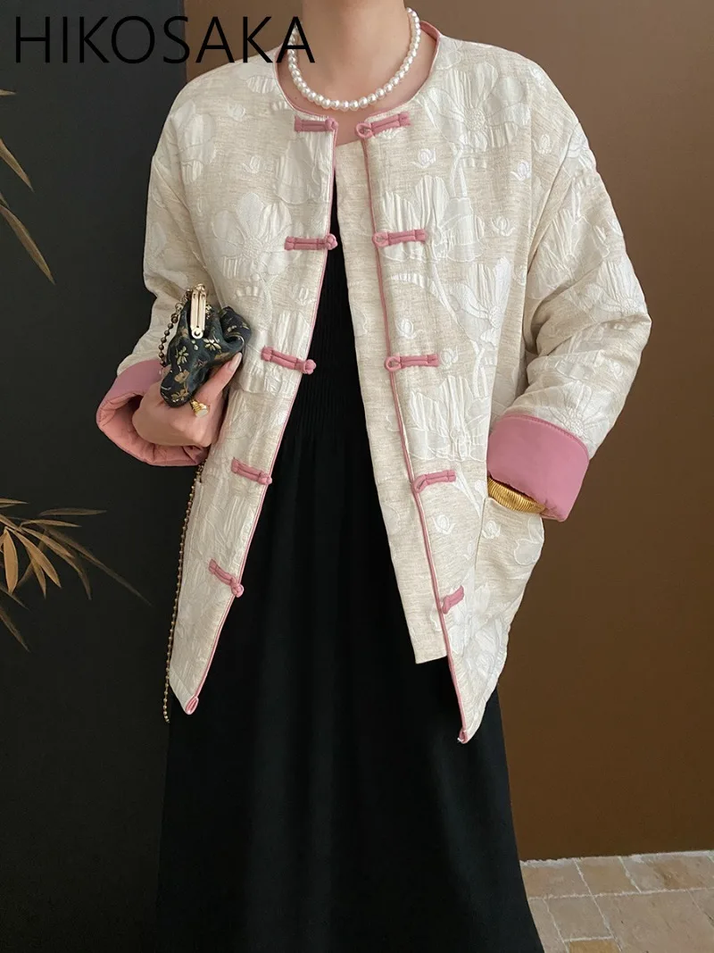 New Chinese Retro Jacquard Early Spring Parkas Knot Button O-neck Sweet Loose Women Jackets 2024 New Chic Elegant Casual Coats