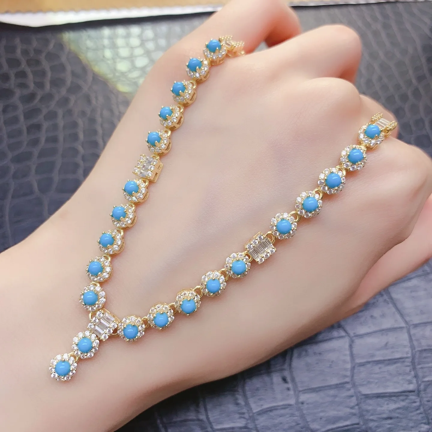 Natural Turquoise Y Shape Necklace 3mm Round Stone Gold Plated S925 Silver Women Blue Gem Chain Jewelry