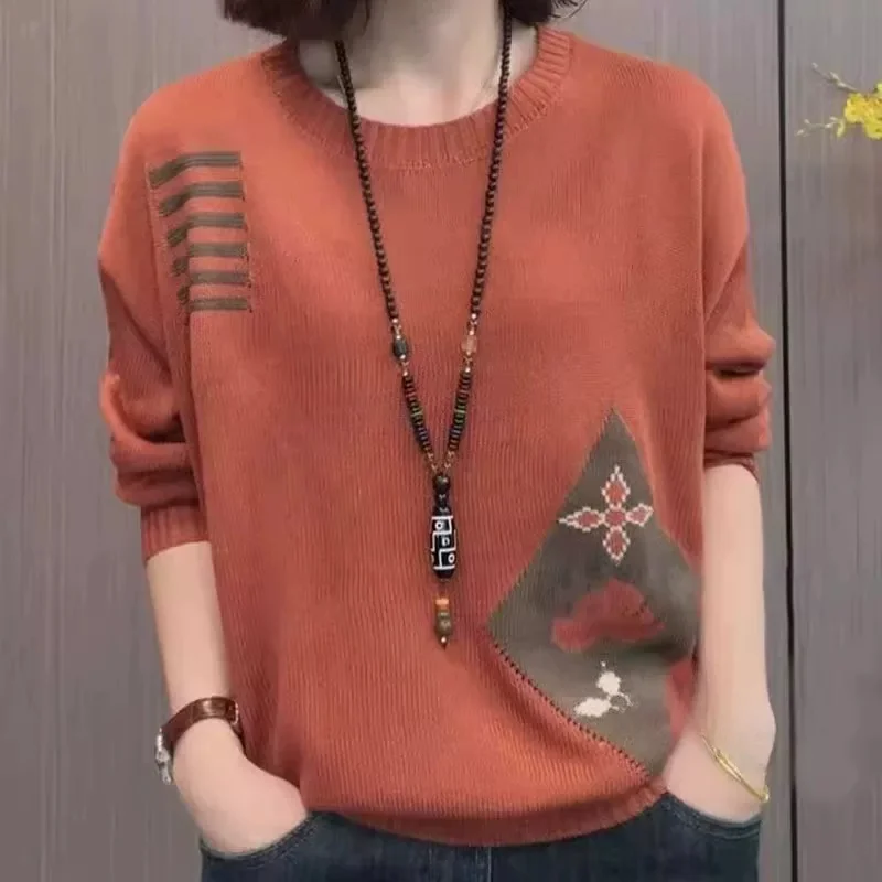 

Spring Autumn Cotton Knitted Long Sve round Ne Loose Fit Thin Outerwear Women's T-irt Korean Sle Base Layer