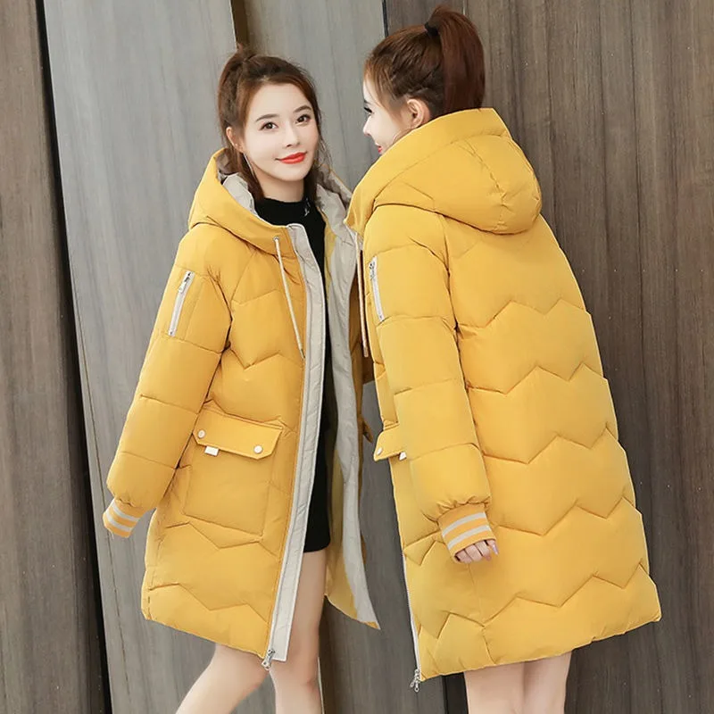 

2023 New Women Down Cotton Coat Winter Jacket Female Mid Length Version Parkas Loose Large Size Thick Outwear Hooded Overcoat