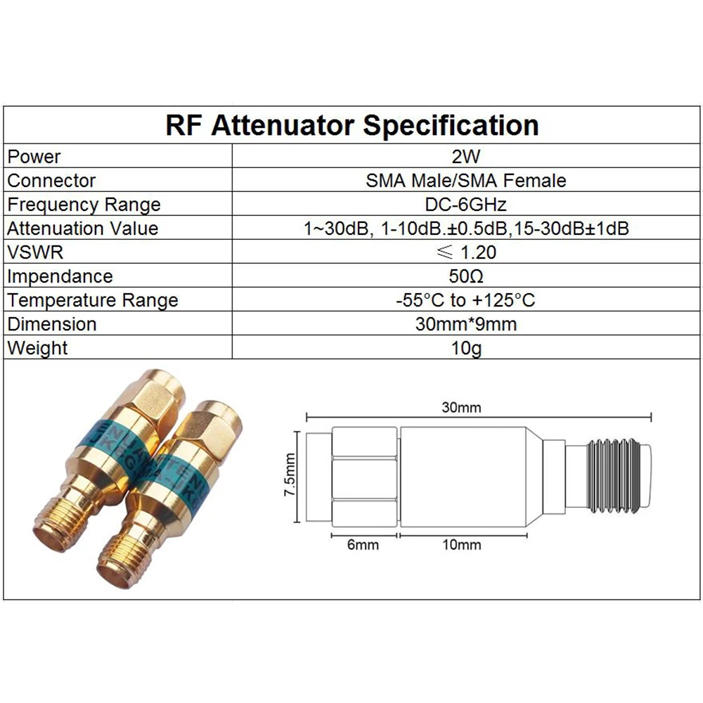 2W DC-6GHz, SMA Male to SMA Female Coaxial RF Attenuator,1/2/3/5/6/10/15/20/30db Attenuator,SMA Fixed Connectors Gold Plated