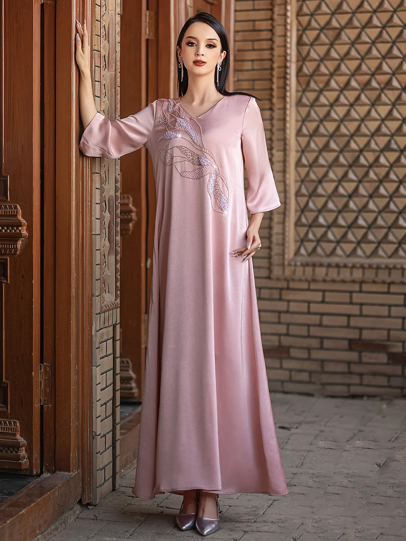 

Muslim Women Flower Beading Pink Maxi Dress Abayas Dubai Turkey Kaftan Ramadan Jalabiya Party Dresses Musulmane Femme Vestidos