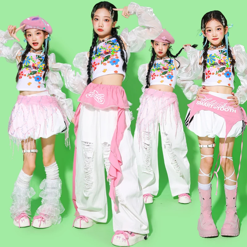 

Укороченный топ K-pop для девочек, белая пачка, танцевальные штаны, детский наряд в стиле хип-хоп, комплекты групповой одежды для девочек, детская уличная одежда, джазовые костюмы