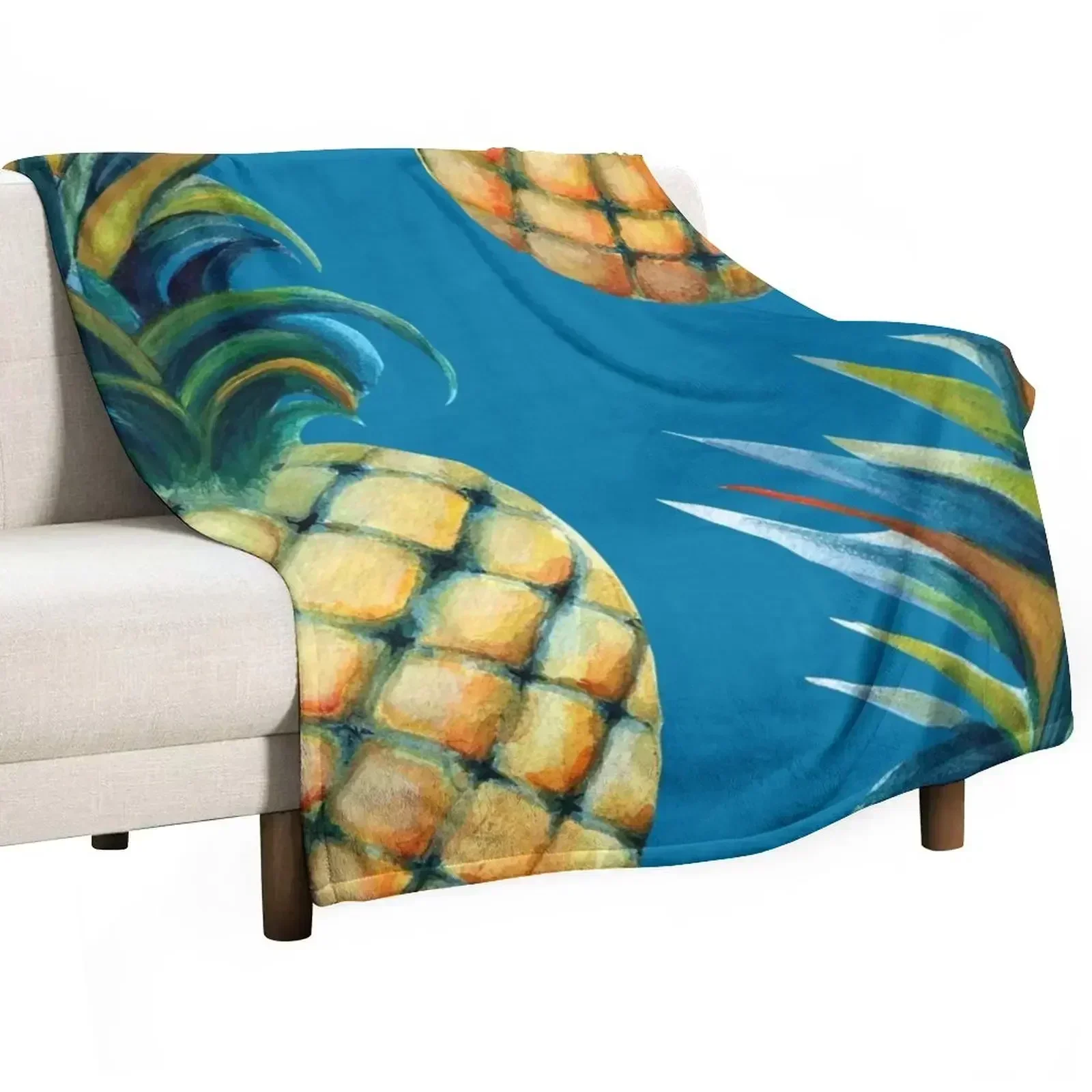 

New Pineapple watercolor - mosaic blue background Throw Blanket Soft Warm Blanket Gift for Men Women Adults