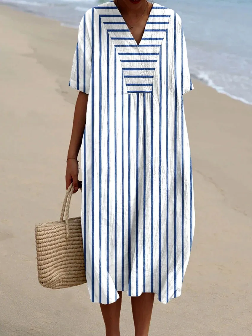

Women Plus Size Striped Printed Dress Holiday Summer Short Sleeve V-neck Casual Loose Sundresses Oversized Chic Outfits
