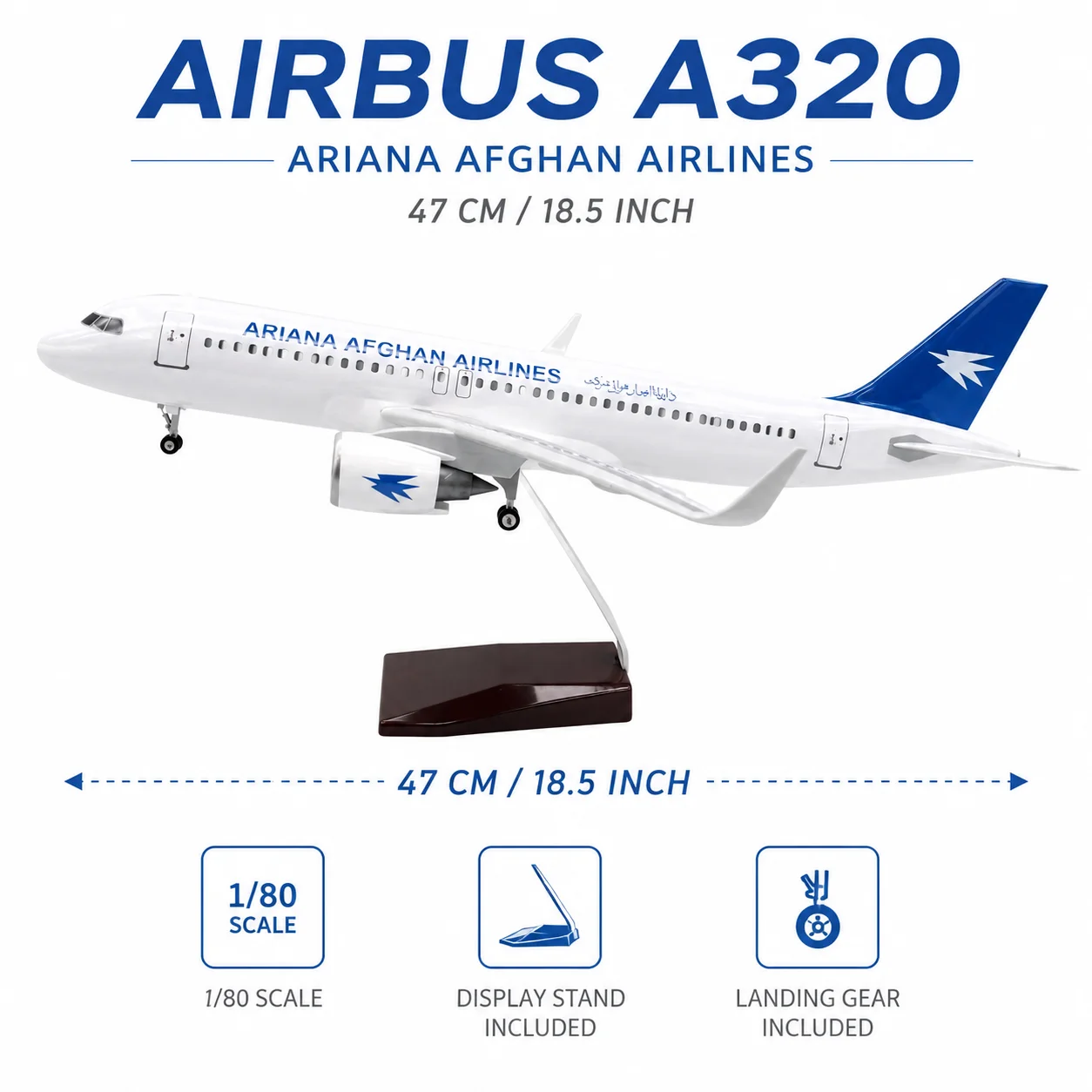 47cm A320 Afghan Airlines 1/80 Scale Aircraft Model with Stand and Wheels—Realistic Static Display Model