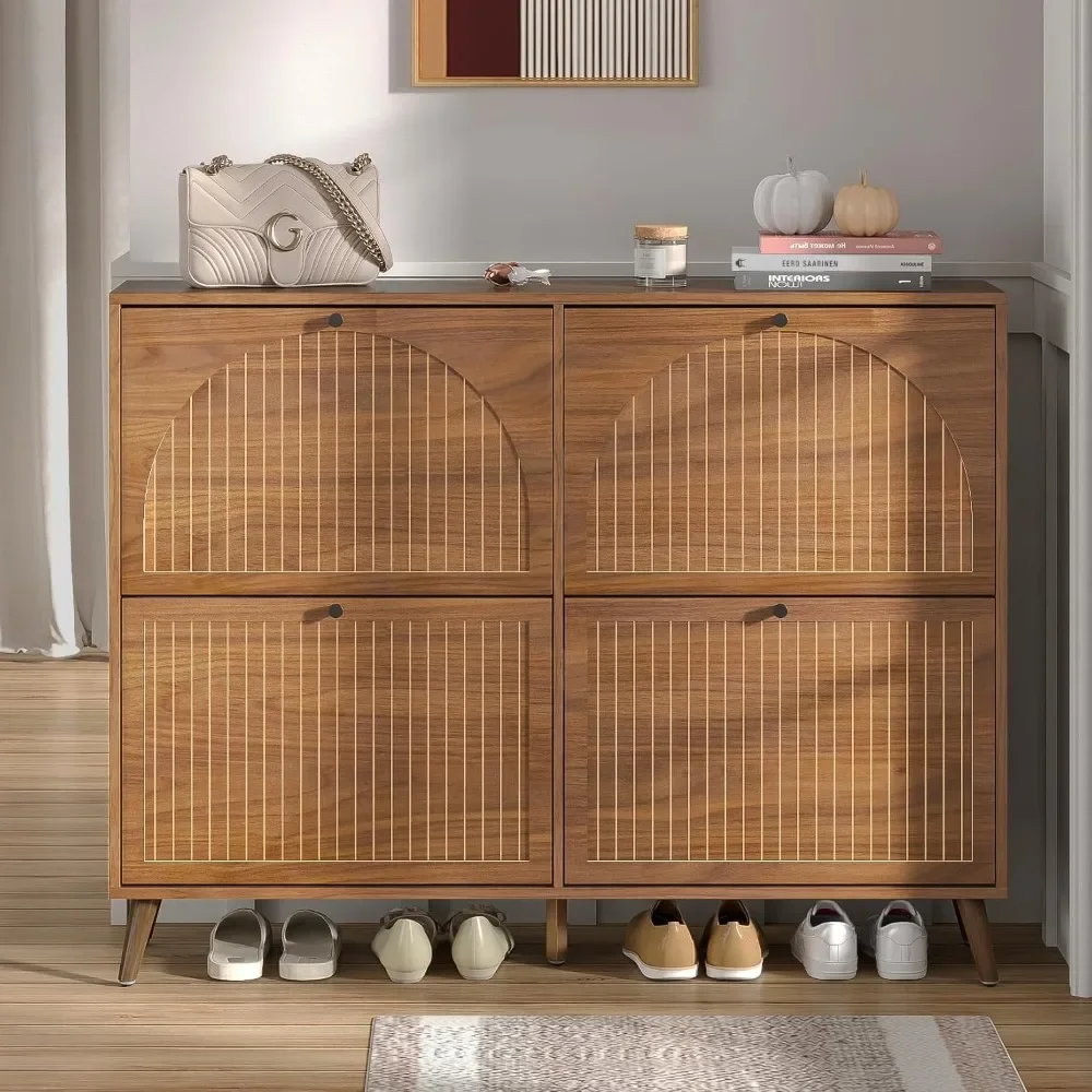Shoe Storage Cabinet for Entryway with 4 Flip Drawers, Narrow Shoe Organizer with Fluted Panel, Freestanding Wood Hidden Shoe