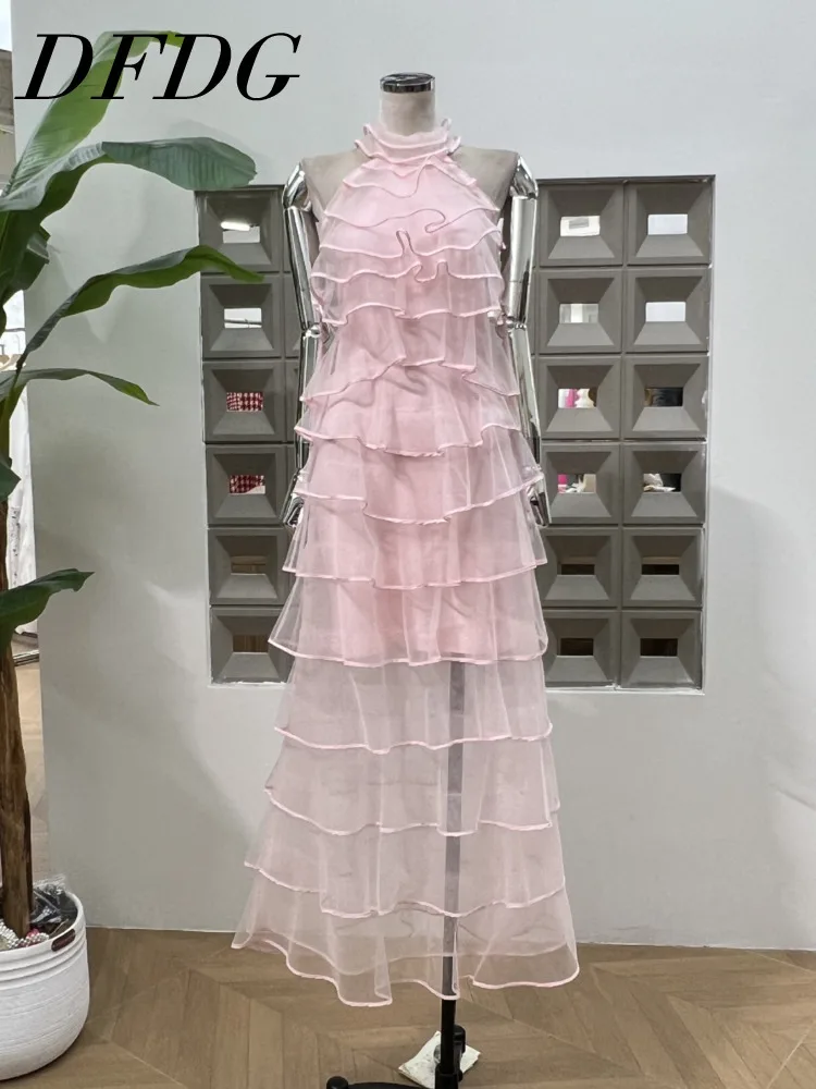 DFDG Vestido feminino elegante halter sem costas em camadas, vestido fluido de praia para convidados de casamento, resort de férias com babados, primavera verão 2025