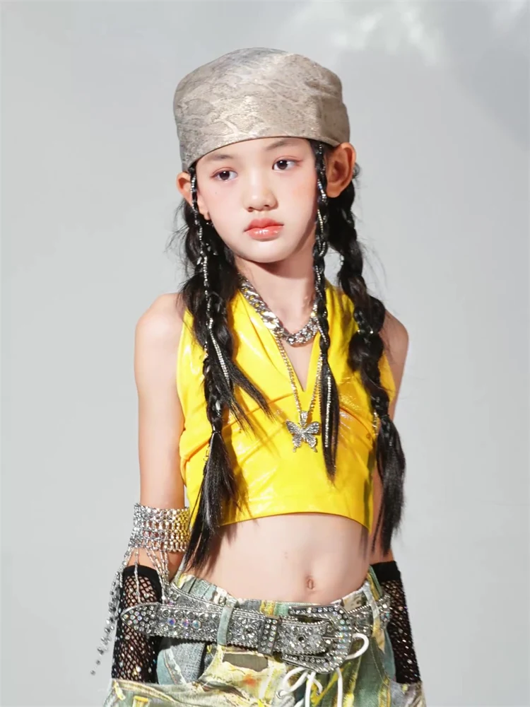 Hip Hop Mädchen Kleidung Kinder Jazz Street Dance Kostüm Gelb Glänzende Weste Grün Grüne Hose Hose für Kinder Performance Outfit