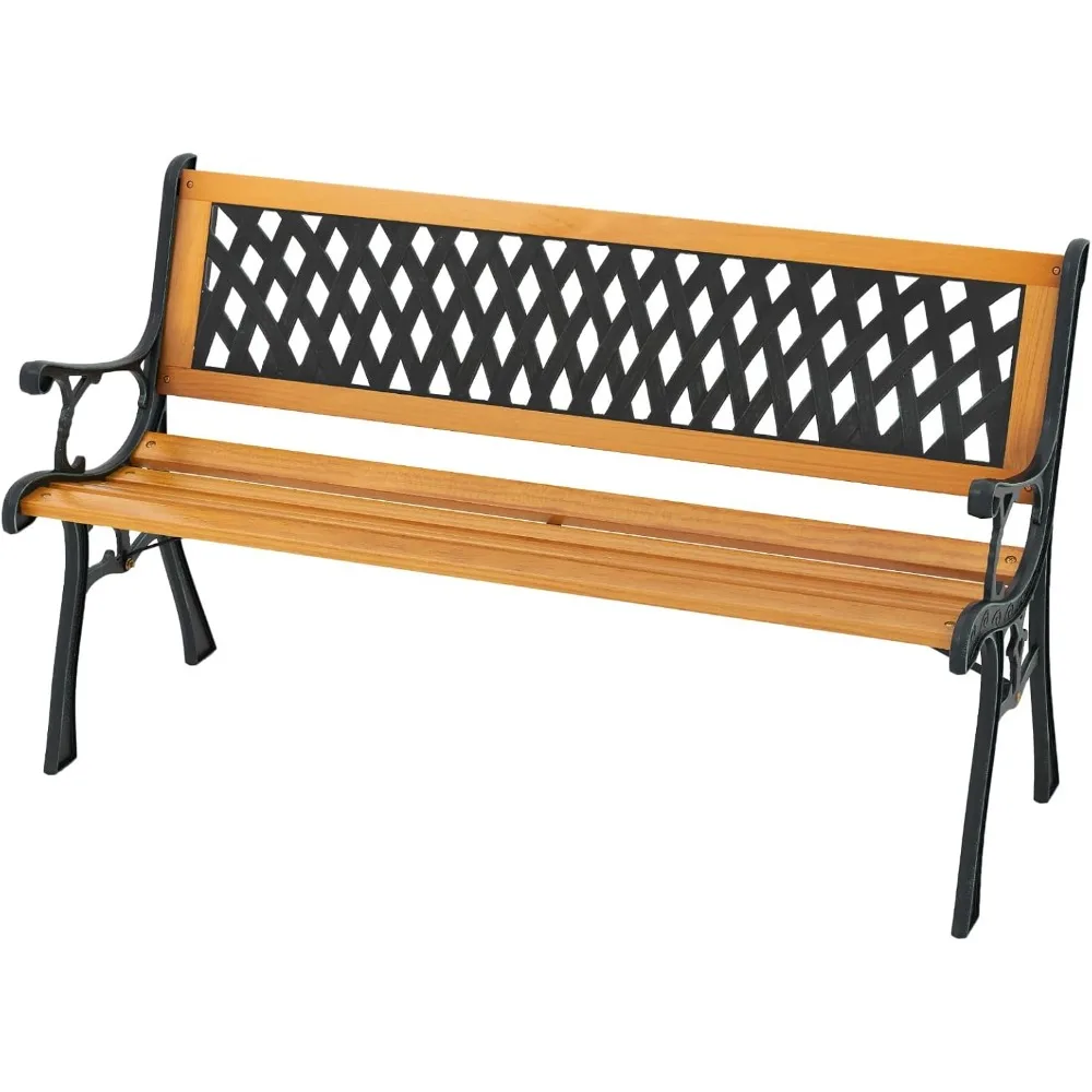 

Outdoor Bench, with Slatted Seat, Curved Armrests, Lattice Pattern Backrest, Cast Iron Metal Bench, Outside Bench for Patio