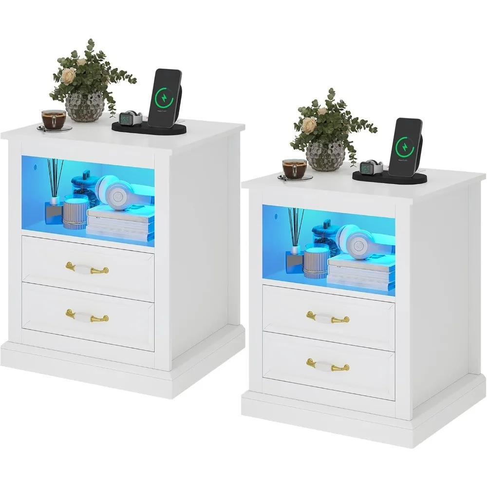 

Bedroom Nightstand Set of 2, Night Stand with Charging Station & 2 Drawers, LED Nightstand with Open Cubby, Wood Bedside Table