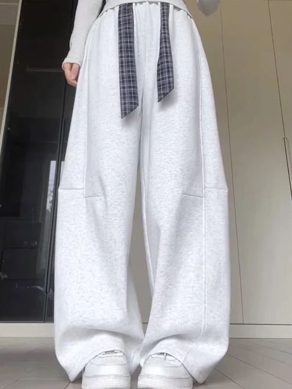 

plus Size Wide Leg Pants High Waist Trousers for Women Autumn Winter Plaid Splicing Slimming Pants Korean Sle Commute Wind