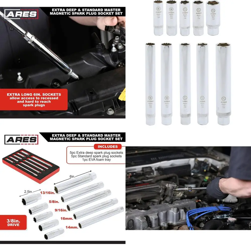 

11033-10-Piece Extra Deep and Standard Length Magnetic Spark Plug Socket Set – 3/8-Inch Drive Spark Plug Sockets - 2.5-Inch and