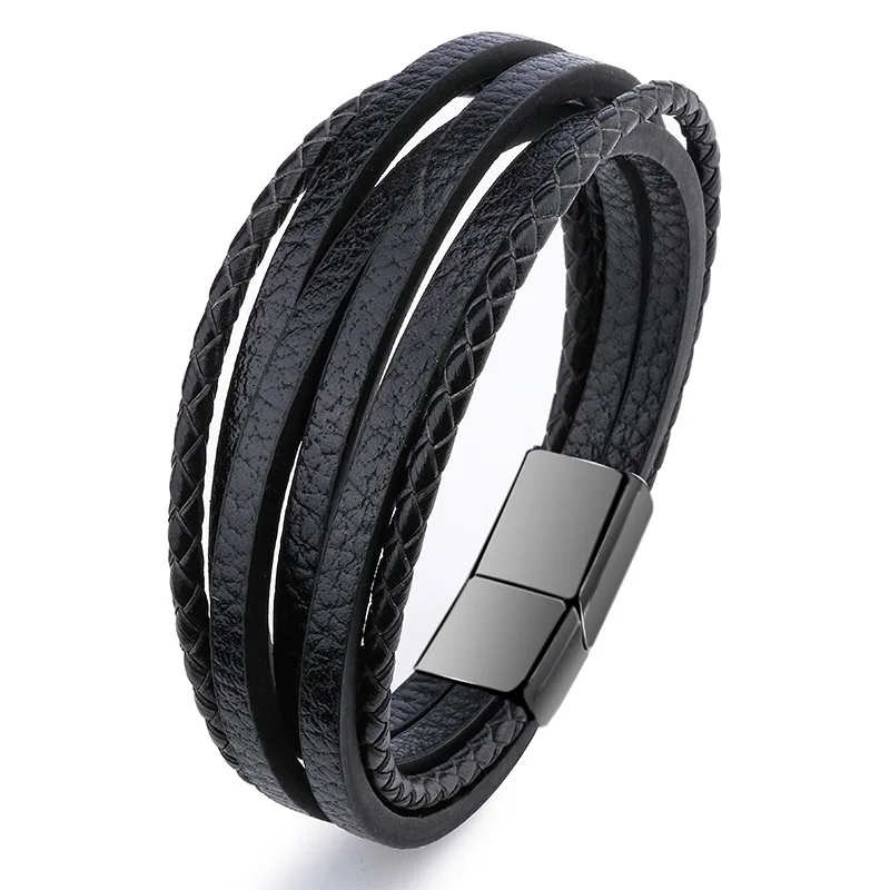 Fashion Stainless Steel Charm Magnetic Men Bracelet Leather Genuine Braided Punk Rock Bangles Jewelry Accessories Friend