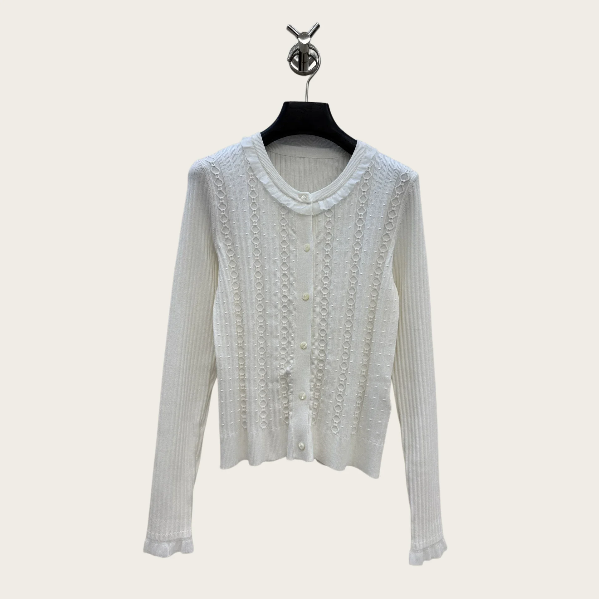 Women's 2026 Autumn Winter New Ruffle Neck Jacquard Knit Cardigan Slim Fit Outerwear