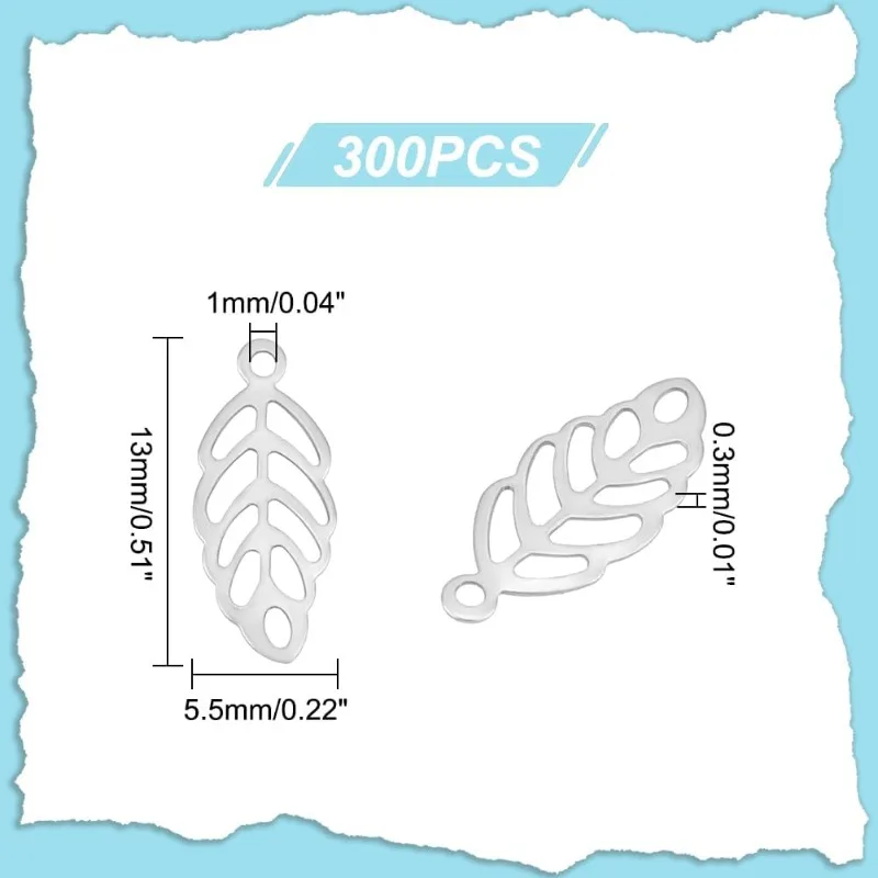 300pcs Hole 1mm 316 Stainless Steel Hollow Leaf Charms Flat Foliage Leaves Pendants Metal Drop Dangle Earrings Charm Plant P