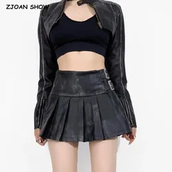 2023 American Retro Washing Black Buckle Low Waist PU Skirt With Shorts lining Sexy Leather Pleated Mini Short Skater Brown