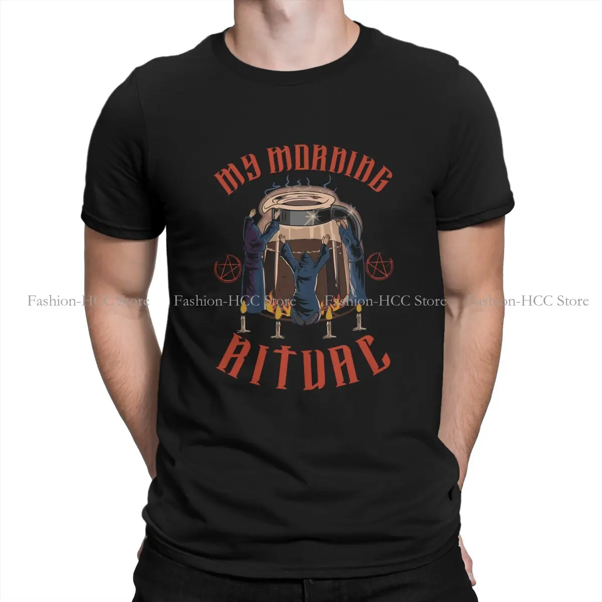 The Morning Ritual Cartoon Polyester TShirt for Men Ritual Satanic Coffee Drinker Humor Leisure Tee T Shirt Novelty Trendy