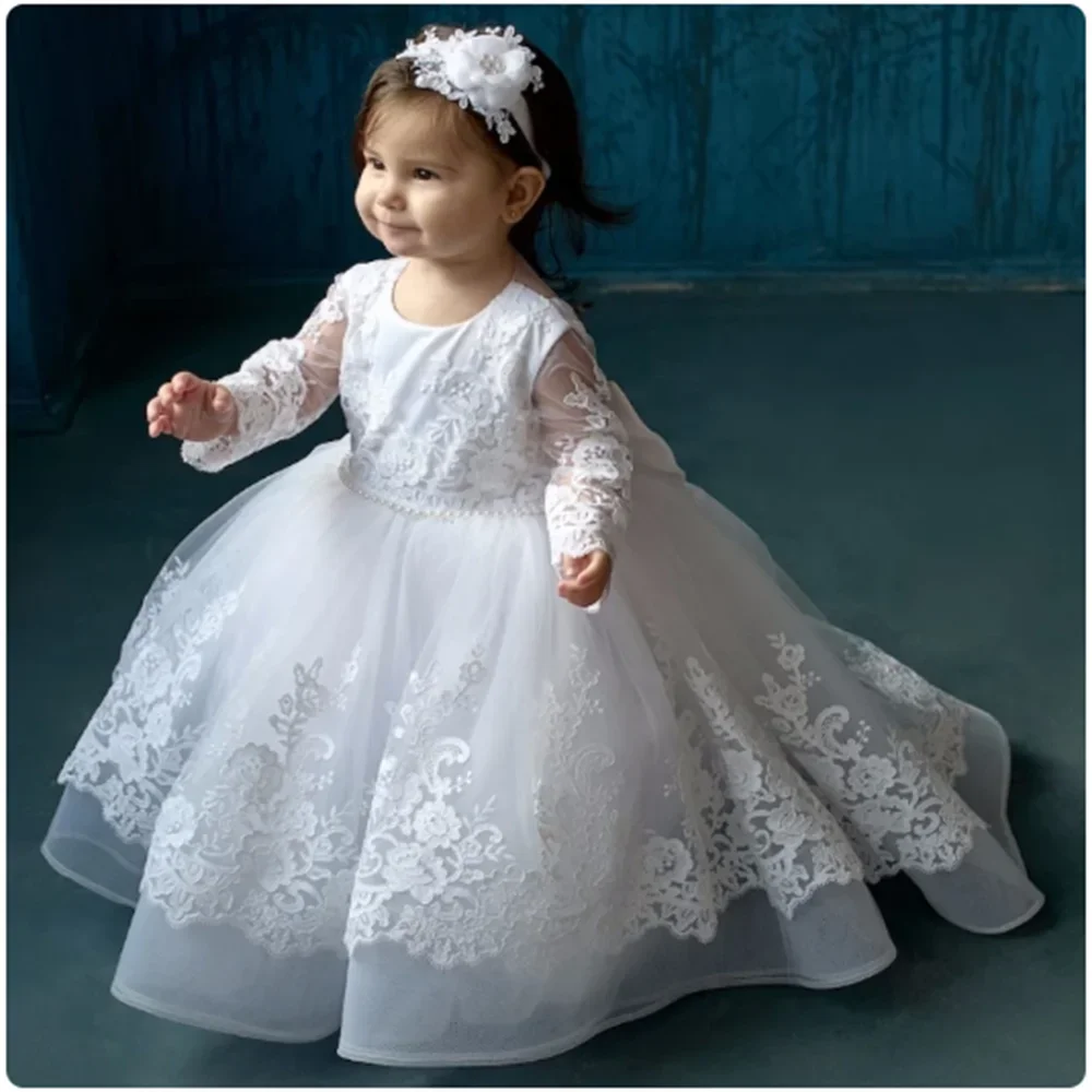 Baby Baptism White Flower Girl Dresses Tulle  Appliques With Bow Long Sleeve For Wedding Birthday Holy Communion Gowns