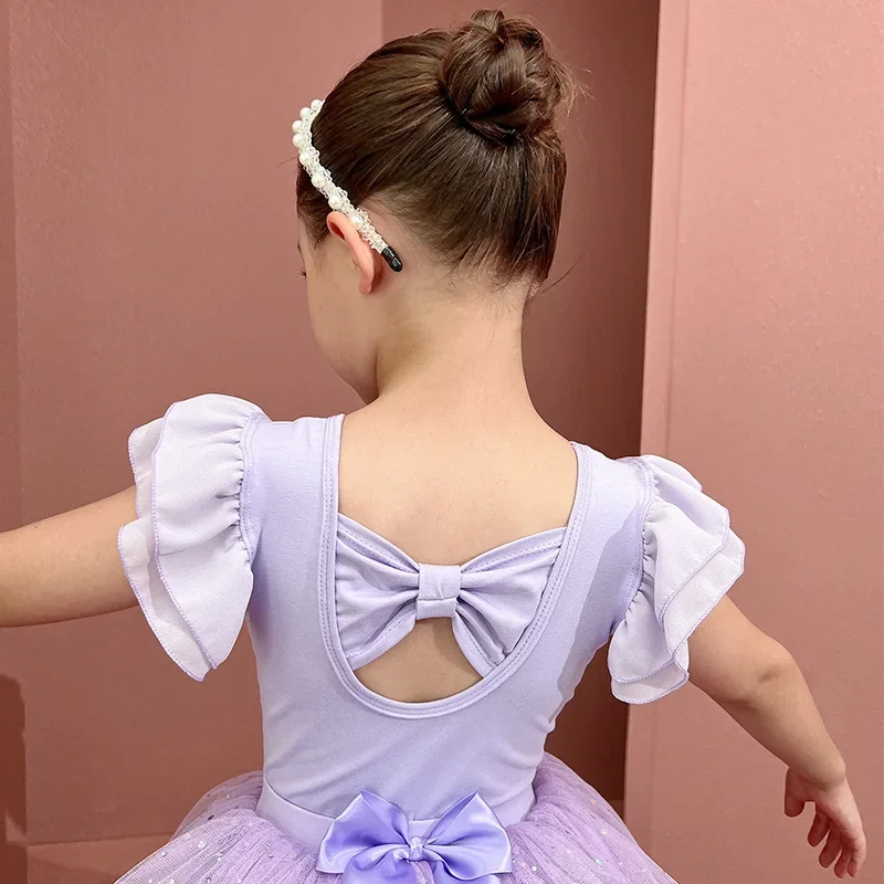 Mädchen Tanz Ballett Trikots Kurze Rüschen Ärmel Criss Cross Straps Zurück Glänzende Sparkle Tutu Rock Rhythmische Gymnastik Kleid Fee