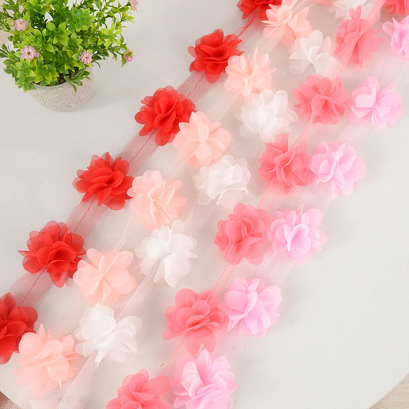 2Yards Flower Chiffon Cluster Flowers Lace Ribbon Wedding Dress Decor Bridal Fabric Lace Trim Fabric DIY Crafts Sewing Supplies